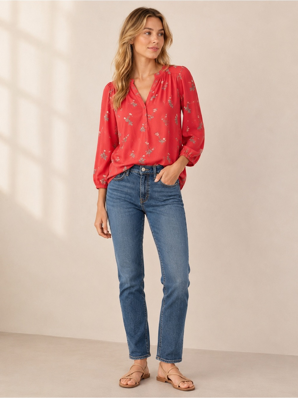 LOFT Coral‎ Floral Peasant Blouse Size Small Long Sleeve Split Neck Top